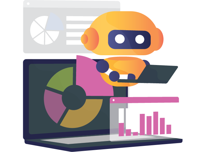 Illustration Robot Assistant et Dashboards Analytiques